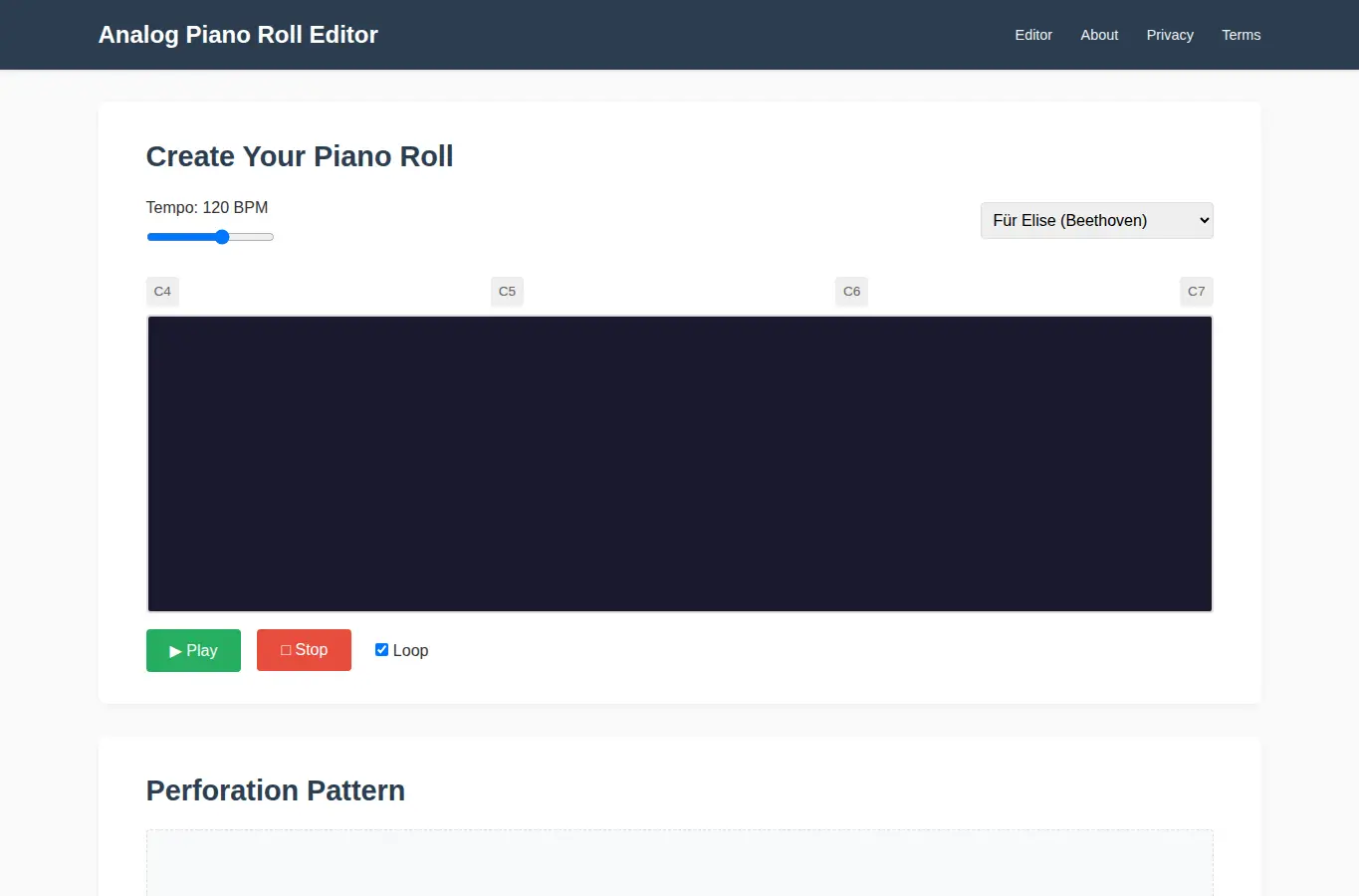 Screenshot of Analog Piano Roll Editor interface showing the project page in use